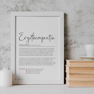 May include: A black and white printable art print with the German word "Ergotherapentin" and the definition of an occupational therapist in German. The print also includes the name "Anna Klee" and the word "Substantiv feminin".