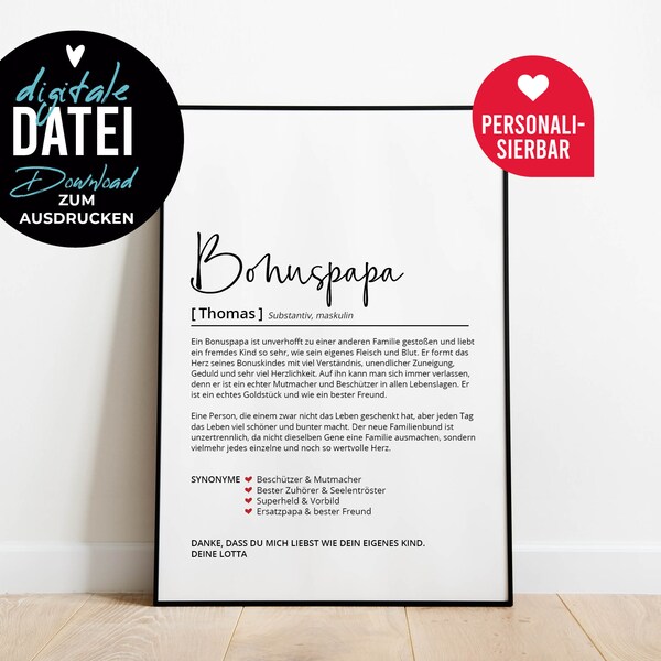 Bonuspapa Definition | Personalisiertes Poster | Download | Stiefvater, Ersatz Papa, Bonus Papa, Geschenk, Geburtstag, Danke sagen