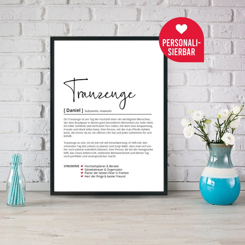 Trauzeuge Definition Personalisiertes Poster Geschenk Hochzeit Ehe Geburtstagsgeschenk Danke Wörterbuch Skandinavisch Bild 5