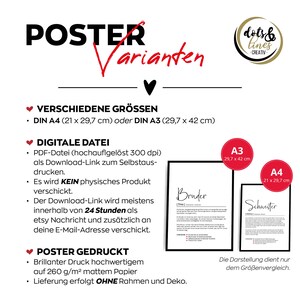 May include: A poster mockup showing two different sizes, A3 and A4, with the text "Bruder" and "Schwester" on each. The poster is available in digital format as a high-resolution PDF file or as a printed poster on 260 gsm matte paper.