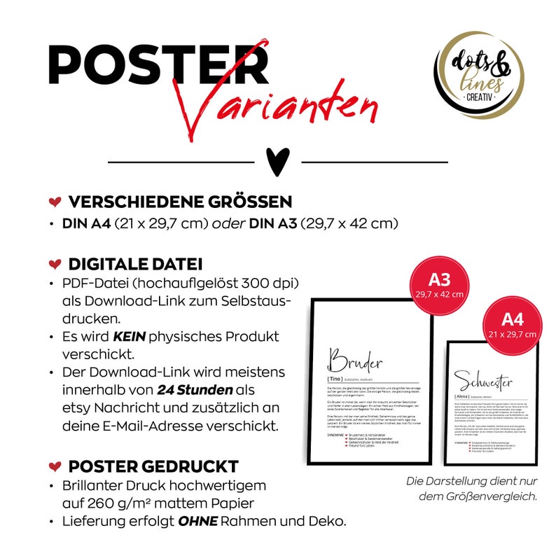 May include: A poster mockup showing two different sizes, A3 and A4, with the text "Bruder" and "Schwester" on each. The poster is available in digital format as a high-resolution PDF file or as a printed poster on 260 gsm matte paper.