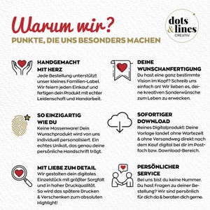 May include: An informational graphic titled Warum mir? featuring the dots & lines CREATIV logo. It displays six sections with icons: hands holding a heart, a heart on a banner, a fingerprint with a star, a cloud download, a magnifying glass with a heart, and two people shaking hands with a heart above them.