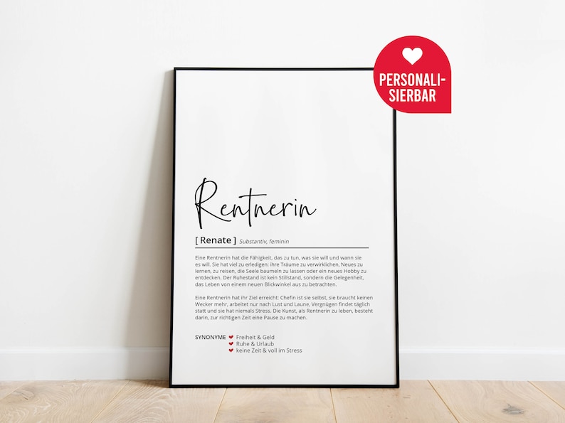Rentnerin Definition Personalisiertes Poster Geschenk Arbeit Ruhestand Rente Abschied Job Danke Wörterbuch Skandinavisch Bild 1
