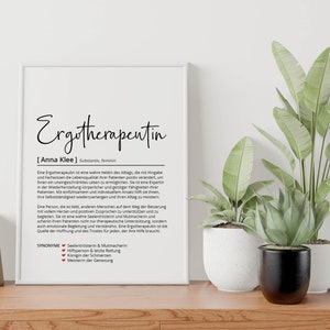 May include: A black and white printable poster with the text "Ergotherapeutin [Anna Klee] Substantiv, feminin" and a definition of the word in German. The poster also includes a list of synonyms for the word.
