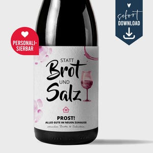 Housewarming gift wine label bread and salt, personalized wine label gift moving in new home, neighbors friends, digital file DIY