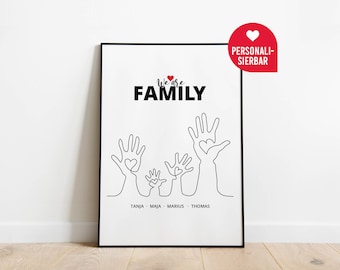Familie Hände Lineart | Personalisiertes Poster | Geschenk | Hochzeit | Geburtstag | Liebe | Familienamen