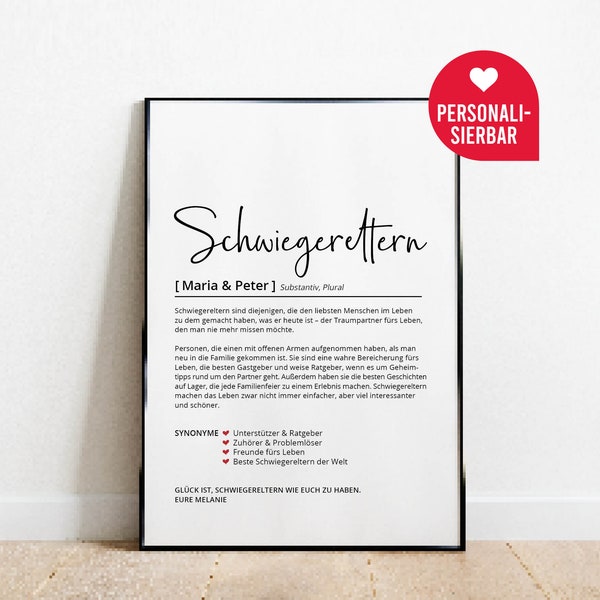 Schwiegereltern Definition Geschenk | Personalisiert Poster | Schwiegermutter | Schwiegervater | Geburtstag Weihnachten Danke | Wörterbuch