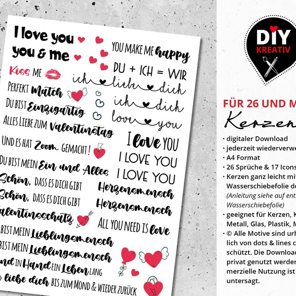 Kerzensprüche Valentinstag Liebe Hochzeit, digitale Datei, Wasserschiebefolie, Tattoofolie, DIY Kerzen, Geschenke, Valentinstagskerzen