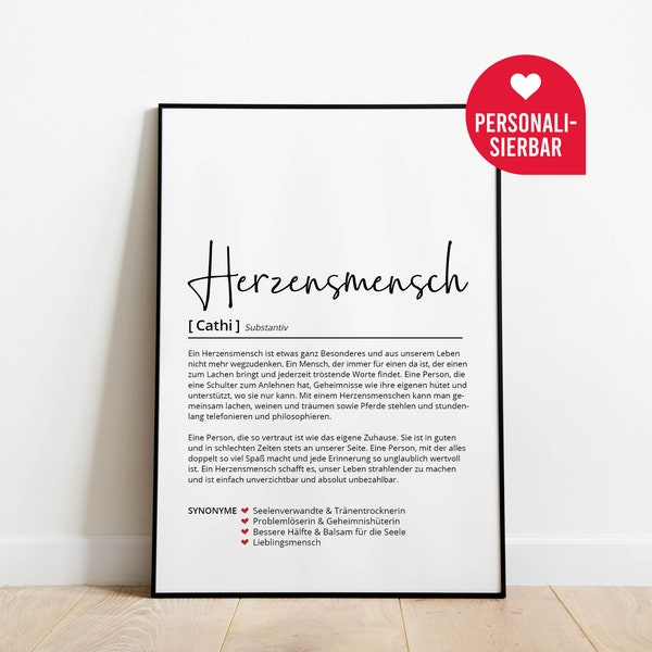 Herzensmensch Definition | Personalisiertes Poster | Geschenk | Freunde | Lieblingsmensch | Geburtstag | Danke | Wörterbuch | Skandinavisch