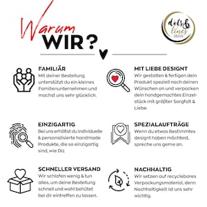 May include: A graphic with the text "Why us?" in red and black. The graphic features six icons with text describing the benefits of working with a small business. The icons include a family, a fingerprint, a heart, a magnifying glass, a box with a heart, and a recycling symbol.
