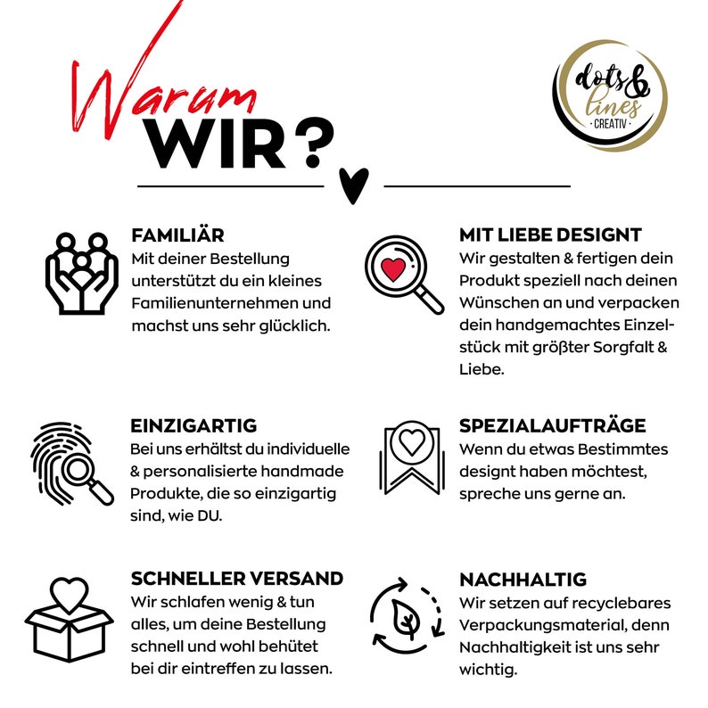 May include: A graphic with the text "Why us?" in red and black. The graphic features six icons with text describing the benefits of working with a small business. The icons include a family, a fingerprint, a heart, a magnifying glass, a box with a heart, and a recycling symbol.