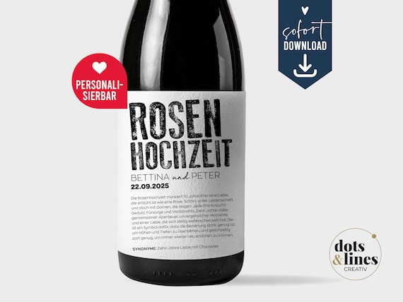 Rosenhochzeit Personalisiertes Flaschenetikett, Geschenk zum 10. Hochzeitstag, Weinetikett Jubiläum verheiratet Ehe, digital PDF Lastminute