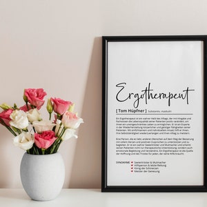 May include: A black and white printable poster with the word "Ergotherapent" in a handwritten font. The poster also includes the text "[Tom H&uuml;pfner] Substantiv, maskulin" and a definition of the word "Ergotherapent".