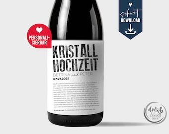 Crystal Wedding Personalized Bottle Label, 15th Wedding Anniversary Gift, Wine Label 15 Years of Marriage, Digital PDF Last Minute