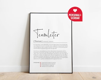Teamleiter Teamleiterin Definition | Geschenk Poster personalisiert | Mitarbeitergeschenk | Team, Teamleitung, Chef, Chefin | Danke