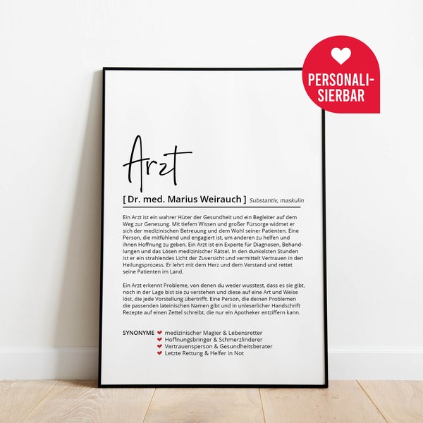 Arzt Ärztin Definition | Personalisiertes Poster | Geschenk, Hausarzt, Hausärztin, Doktor, Danke sagen, Wörterbuch | Skandinavisch