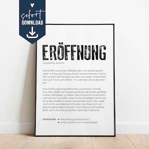 Op de afbeelding: Een ingelijste print met het Duitse woord "ERÖFFNUNG" in vette zwarte letters, wat "opening" betekent. De print bevat een definitie en synoniemen, met een marineblauwe "sofort DOWNLOAD" afbeelding. De print wordt op een witte muur weergegeven.