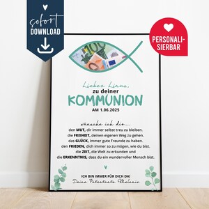 Regalo de dinero para comunión o confirmación, idea de regalo personalizada, regalo para niños y niñas, póster, imprimible, descarga DIY