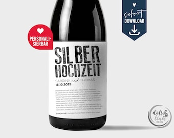 Silver Wedding Anniversary Personalized Bottle Label, Gift for 25th Wedding Anniversary, Wine Label Anniversary 25 Years of Marriage, Digital PDF Last Minute