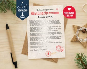 May include: A letter from Santa Claus addressed to David, featuring German text, a red North Pole stamp, and a red Express stamp. The letter is placed on a brown envelope next to a brown pen and a wooden star ornament with white lace details.