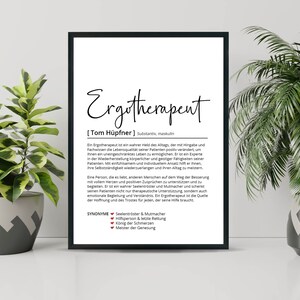 May include: A black and white printable poster with the word "Ergotherapist" in a handwritten font. The poster defines the role of an ergotherapist and lists synonyms for the profession, including "Soul Comforter & Encourager", "Helper & Last Resort", "King of Pain", and "Master of Healing".