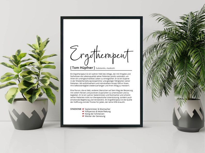 May include: A black and white printable poster with the word "Ergotherapist" in a handwritten font. The poster defines the role of an ergotherapist and lists synonyms for the profession, including "Soul Comforter & Encourager", "Helper & Last Resort", "King of Pain", and "Master of Healing".