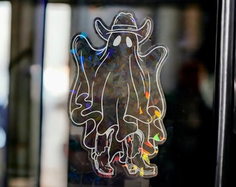 Holographic Suncatcher Clear Sticker, Boo-Yaw Ghostie, Spooky, Western, Halloween Sticker