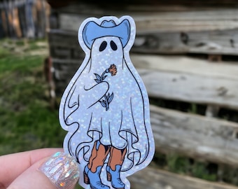 Glitter Sticker, Ghost With Flowers, Spooky, Western, Halloween Sticker