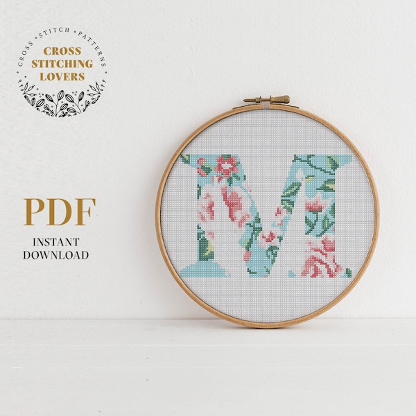 M - Flower Letter Cross Stitch Pattern, Alphabet embroidery pattern, Gift Cross-stitch, baby room decor, instant download PDF, xstitch chart