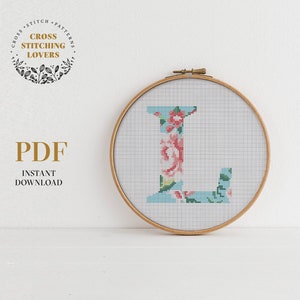 Patrón de punto de cruz de letra "L" del alfabeto, patrón de bordado monograma, punto de cruz de boda, decoración de la habitación de la pared, gráfico PDF de descarga instantánea