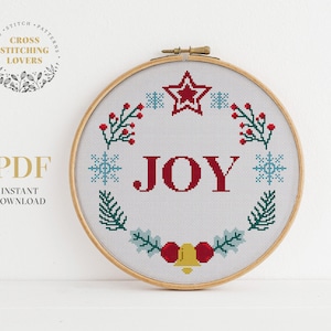 JOY cross stitch pattern, Christmas home decoration counted cross stitch chart, instant download PDF, modern embroidery design