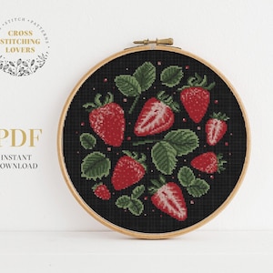 Strawberries cross stitch pattern, Fruits embroidery design, cute home decor, instant download PDF chart