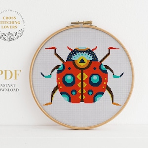 Ladybug cross stitch pattern, Colorful embroidery design, instant download PDF chart