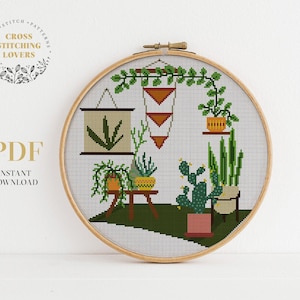 Home plants cross stitch pattern, Modern embroidery design, home decor, instant download PDF pattern