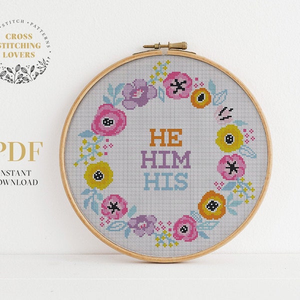 He Him His cross stitch pattern, Pronoun embroidery, Love theme, instant download PDF pattern