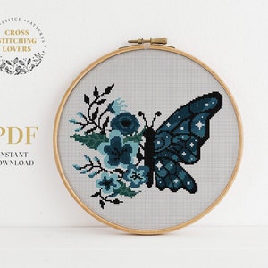 Butterfly Cross Stitch Pattern, Flower wing, counted cross stitch design, home decor, hoop art, embroidery pattern, Instant download PDF