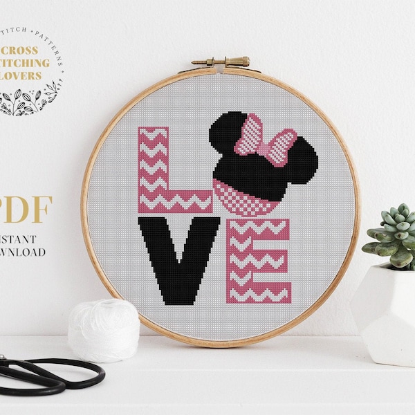 Love text Cross Stitch Pattern, Easy counted cross stitch design, embroidery pattern, Mouse shape, Xstitch chart, baby room decoration