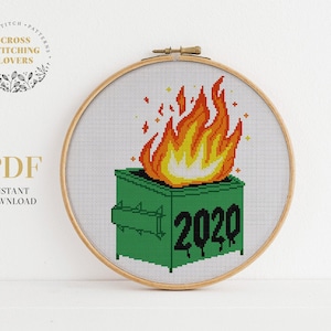 2020 Dumpster Fire Cross Stitch Pattern, Funny design, modern embroidery pattern, instant download PDF chart, gift idea, home decor