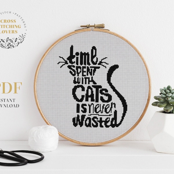 Easy modern cross stitch pattern, One color counted cross stitch design, cat person, cat lovers, cool home decoration instant download PDF