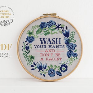 Wash Your Hands cross stitch pattern, snarky cross-stitch design, subversive pattern, flower wreath embroidery, instant download PDF chart
