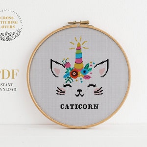 Cute Cross stitch pattern, Easy counted cross stitch chart, Cat + Unicorn funny embroidery design, instant download PDF pattern