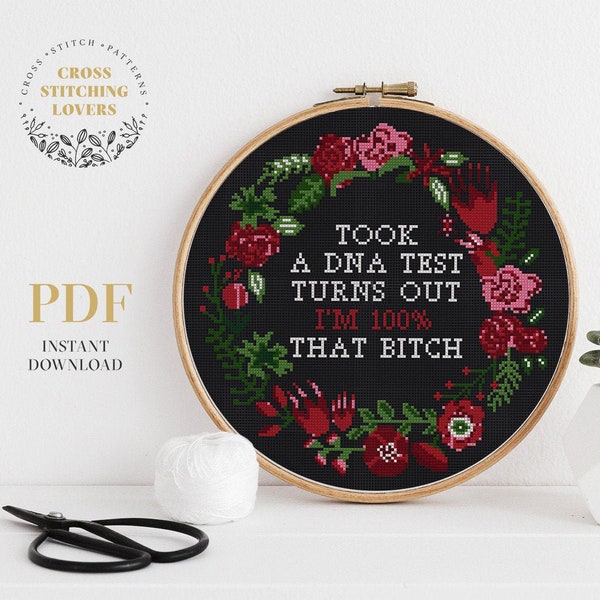 Funny cross stitch pattern, modern embroidery pattern, 100% bitch, wall home decor, instant download PDF, subversive crossstitch
