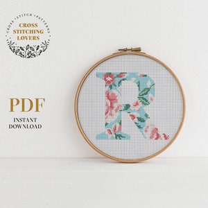 Flower Alphabet Letter Cross Stitch Pattern, embroidery design, Gift Cross-stitch, house decoration, instant download PDF, xstitch chart