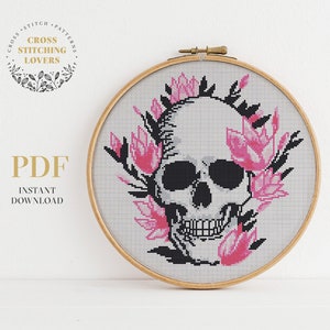 Flower skull cross stitch pattern,  Gothic theme, Easy embroidery pattern, instant download PDF chart