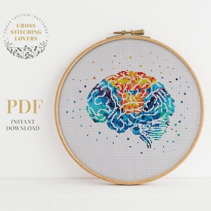 Hersenen kruissteekpatroon, moderne getelde kruissteek, aquarel pdf-patroon, borduurontwerp, pdf-grafiek direct downloaden