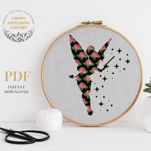 Fairy silhouette cross stitch pattern, flower counted cross stitch, Modern embroidery design, Instant download PDF chart, hoop art