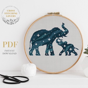 Padrão de ponto cruz de silhueta de elefante, design de bordado de animal fofo, ponto cruz contado em PDF, download instantâneo, decoração para casa