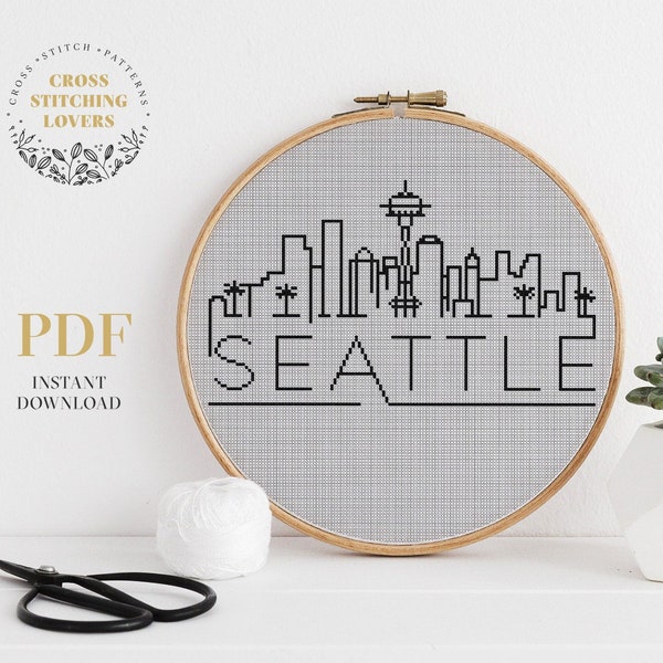 Seattle skyline city cross stitch pattern, simple and easy level embroidery in black and white color, Instant download digital PDF pattern