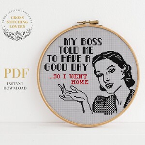 Funny office cross stitch pattern, digital instant download PDF, retro humor embroidery chart