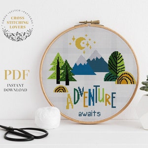 Adventure cross stitch pattern, easy counted cross stitch pattern, mountain embroidery design, xstitch chart PDF pattern, home decor